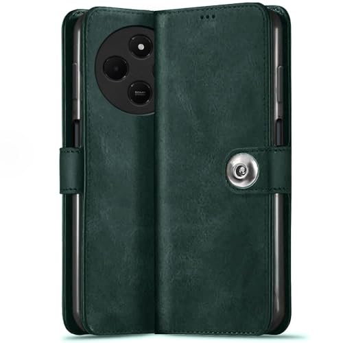Image of Genuine Leather Finish Flip Back Cover Case for Mi Redmi A4 5G / Redmi 14C 5G / Poco C75 5G / Poco M7 5G | Inbuilt Pockets & Stand | Designer Button Magnet Flip Cover (Faux Leather (Green)