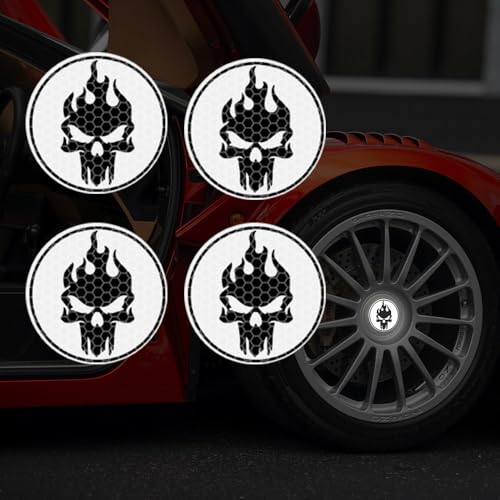 Leniutor 4PCS Skull Car Wheel Hub Center Cap Sticker, Reflective Automotive Flame Hub Decorative Decal Waterproof Vinyl Night Safety Warning Car Decals (White)