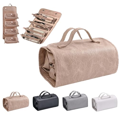 nnOuOnn Flat Lay Travel Makeup Bag, Leather Clear with Compartments, 4 in 1 Waterproof, Detachable Foldable Hanging, Portable Storage Organise, Khaki