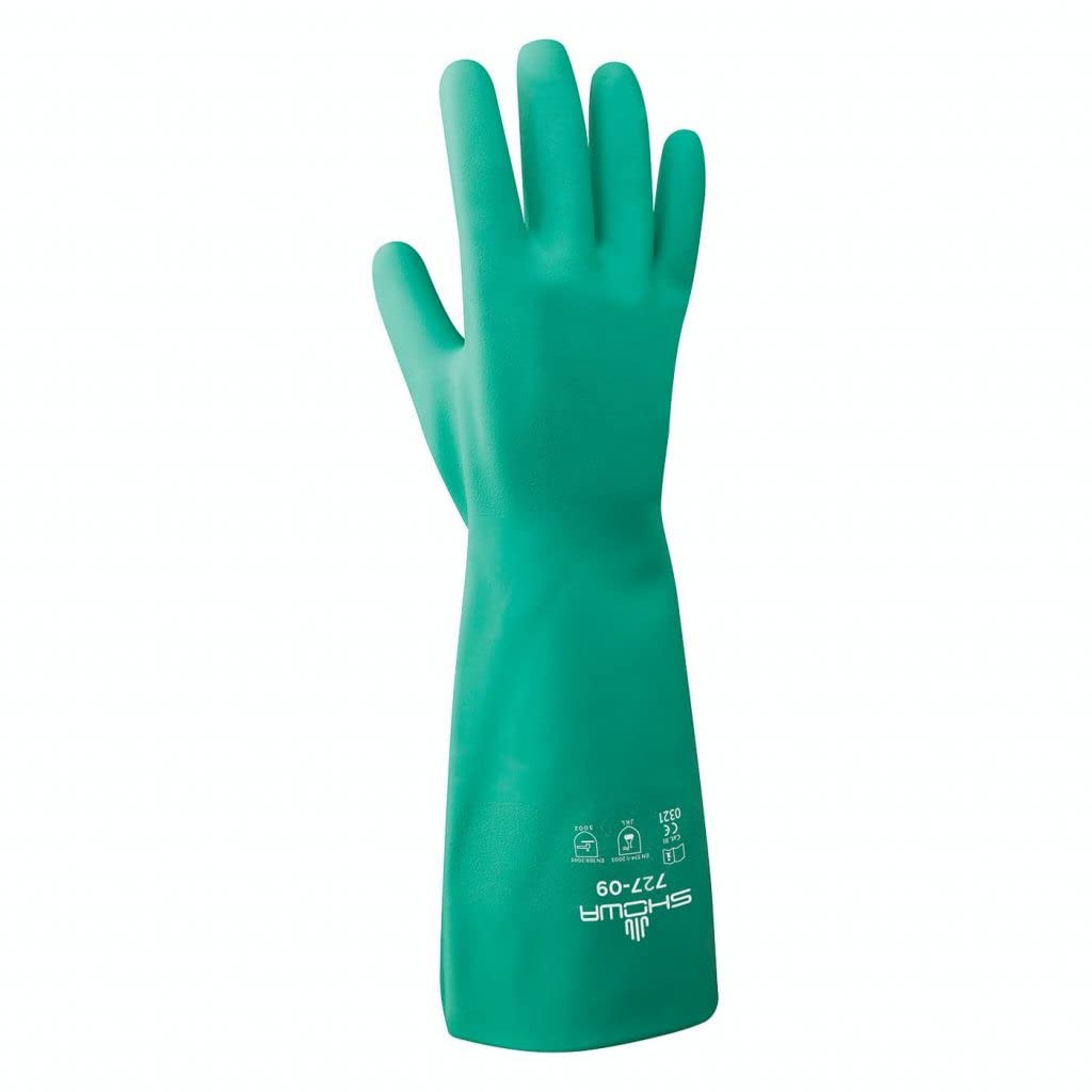SHOWA 727 Chemical Resistant Gloves 15-mil Unsupported Nitrile 13-inch Extended Gauntlet Bisque Grip CE Cat III Food Safe
