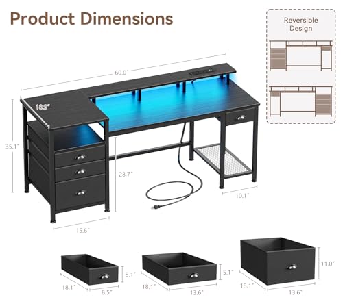 Image of Furologee 60 inch Black Computer Desk with 4 Drawers and Printer Space, Gaming Desk with LED Lights and USB Power Outlets, Home Office Desk with Fabric File Cabinet,Study Work Table with Shelf for Bedroom