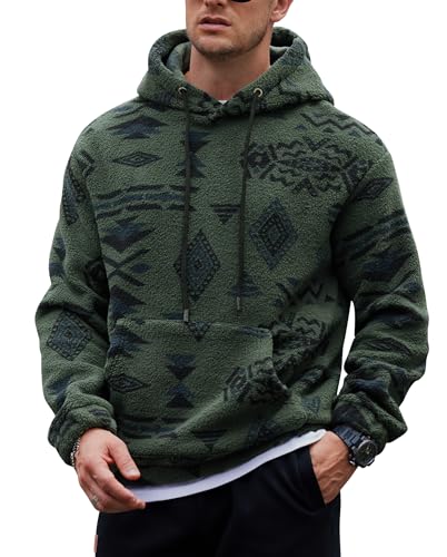 VOGSTART Men Polyester Fashion Sweatshirt Mexican Gentle Hoody Sherpa Tribal Aztec Furry Fluff Plush Warm Hoodie Green - Totem Print S