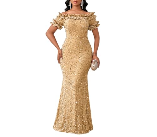 dasmzper Women Sexy Sequin Off Shoulder Ruffle Short Sleeve Bodycon