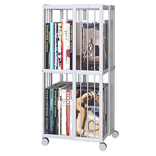 Huhote Rotating Bookcase White 2 Tiers Metal Bookshelf, 360°Cubic Bookshelf For Small Space With Storage And Creative Multi-Layer Shelves,Magazine&Books For Bedroom Living Room Study And Office #TOP19