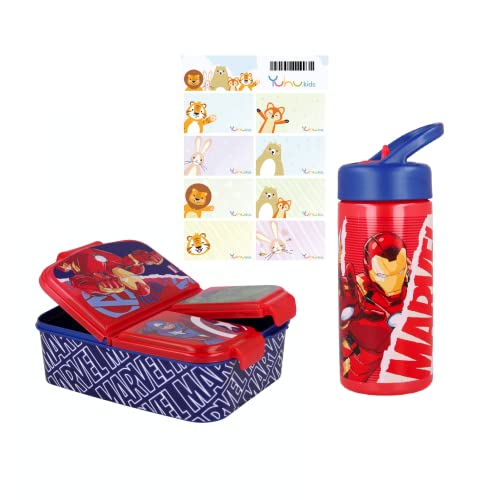 Avengers Hulk, Iron Man, Captain America, Thor Lunch-Set Premium Brotdose + Tritan Hydro Trinkflasche BPA FREI mit Namens Aufkleber Mehrfarbig Cover