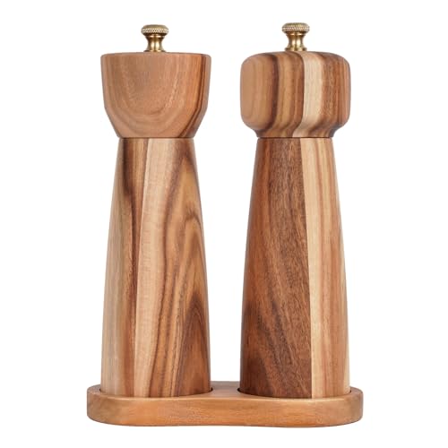 DeroTeno Salt and Pepper Mill Set with Tray, Adjustable Ceramic...