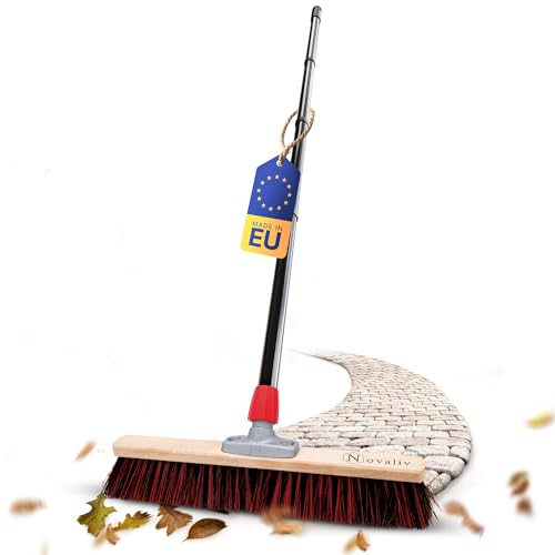 Novaliv Balai de rue avec manche - 50 cm - Poils Arenga-Elaston - Idéal comme balai d'extérieur - Balai de jardin avec manche - Poils durs - Balai de terrasse - Balai d'écurie - Balai industriel -
