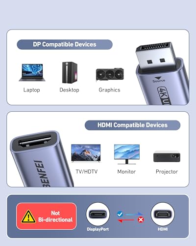 BENFEI Adapter 4K DisplayPort na HDMI, 2 sztuki, jednokierunkowy DP 1.2 komputer na HDMI 1.4, konwerter z wtyczką na gniazdo – kompatybilny z laptopami, komputerami PC, monitorem, telewizorem, kartą