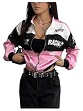 GORGLITTER Women's Race Car F1 Jacket Y2k Racing Motorcycle Oversized Graphic Varsity Zip Up Lightweight Jackets Streetwear Pink Medium