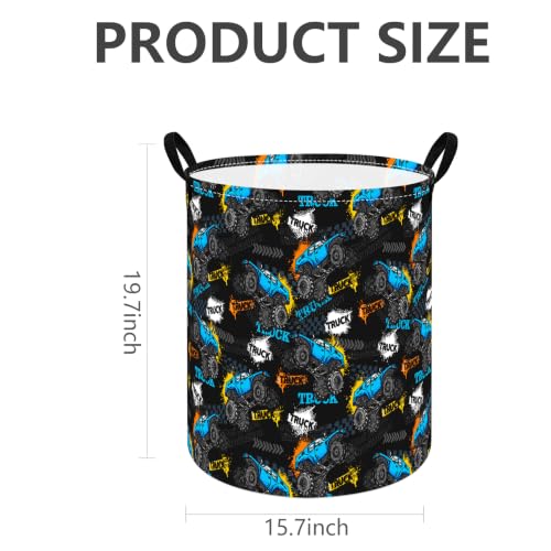 Image of Boys Storage Basket Kids Hamper, 15.7 inchD x19.7 inchH, Monster Truck Print Waterproof Lining, Leather Handles, Collapsible for Boys Toys, Laundry, Kids Gift