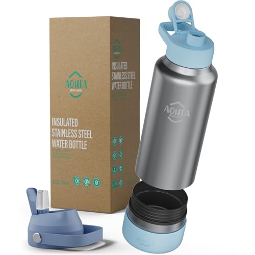AOHEA 32oz(26+6) oz Insulated Water Bottle with straw and Hidden storage(6oz), Stainless Steel Double Walled Vacuum Sports Water Bottle with 2 Lids for Gym Camping Hiking (Blue, 32oz)