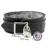 VP Leather Austin Latigo Leather Collar - Chinchilla Faux Fur Lined - Handmade Stylish Design - Nickel-Plated Studs, Buckle & D-Ring - Lockable Buckle - Black - Small (12.5'-15.5')
