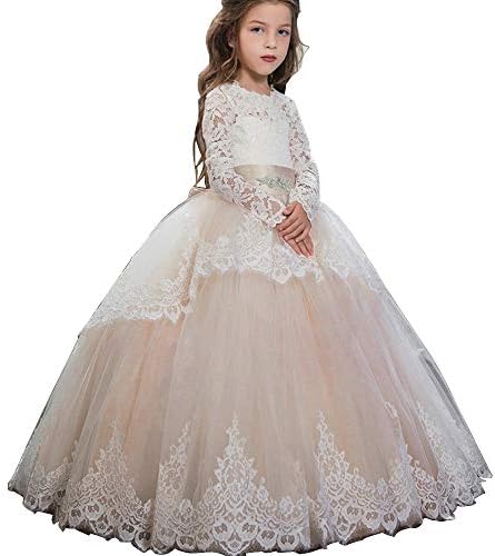 Pageant Flower Girls Dress Lace Long Sleeves Princess Tulle Ball Gown