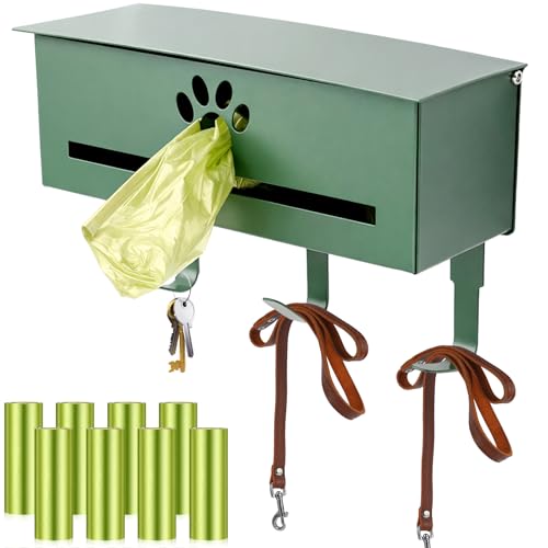Image of Blulu Wall Mount Dog Poop Bags Dispenser Holder with Hooks Metal 200 /300 Single Large Roll Pet Waste Station Bags Dispenser for Outdoor Indoor Home Yard Doggy (Green)