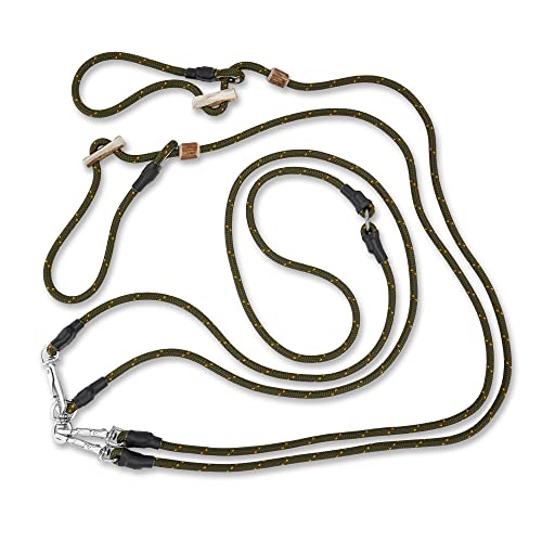 Umhängeleine Moxonleine für Zwei Hunde gleichzeitig | Auch als Jagdleine beliebt | Retrieverleine mit Zugstopp (Oliv)