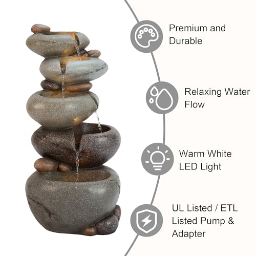 Image of Glitzhome Water Fountain Outdoor, 5-Tiered Stacked Pebbles Outdoor Fountain with LED Lights and Pump, 24.5 inch H Zen Style Polyresin Waterfall Fountain Water Feature for Garden, Yard, Patio, Porch Decor
