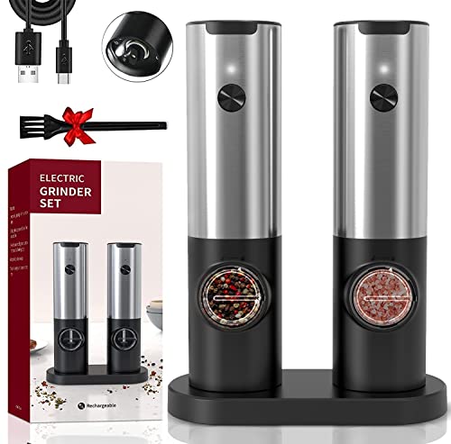 HOMCYTOP Electric Salt and Pepper Grinder Set W/ USB Rechargeable Base, No Battery Needed, One Handed Operation, Automatic Powered Spice Mill Shakers Refillable, Adjustable Coarseness, LED Light