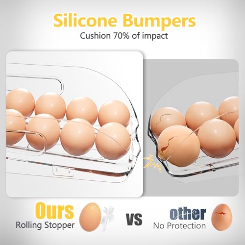 Egg Holder for Fridge, Automatic Steady Rolling Egg Container with Soft Bumpers & Handle for Refrigerator, Stackable Fridge Organizers and Storage with Lid - Image 4