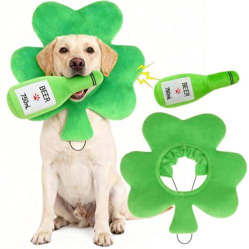 EXPAWLORER Dog St. Patrick's Day Outfit, Adorable St. Patrick's Day Costume Set Including Adjustable Green Shamrock Headband & Beer Plush Toy for Small Medium Pet Holiday Party Dress up