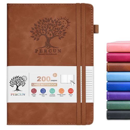 PERCUN Lined Journal Notebook for Men & Women,200 Pages A5 Hardcover Leather Notebook (5.9'x8.5'), Travel Journal for Work, School, Business Writing, Note Taking, Notepad Diary (Brown)