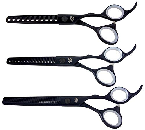 Kissaki 3 Hair Thinning Shears Matching Black Titanium Set Ishizuki 11 Tooth Chunker Texturing Shears and Ishizuki 32 Tooth Thinning Shears and Ishizuki 60 Tooth Blending Thinning Shears