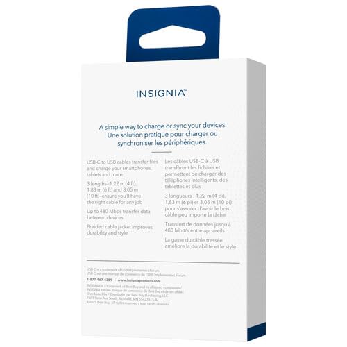 INSIGNIA Cables USB, carga de alta velocidad de 20 Gbps y sincronización de datos, nailon trenzado, compatible con MacBook, portátil, iPhone, iPad, Android (4/6/10 pies (paquete de 3, negro), cable