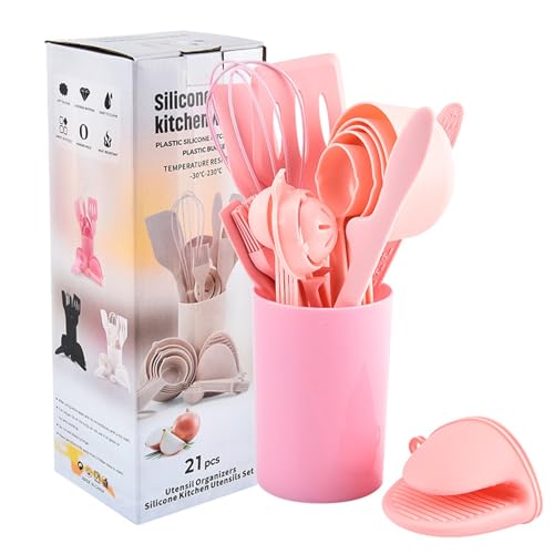 21点セット キッチンツールセット 便利グッズ シリコン キッチン用品 一人暮らし 調理器具セット ストレージバケット付き 和洋中料理対応/製菓/料理兼用(ピンク)