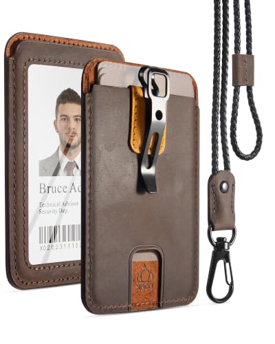 XGUO Designer Leather ID Badge Holder with Lanyard and Metal Clip