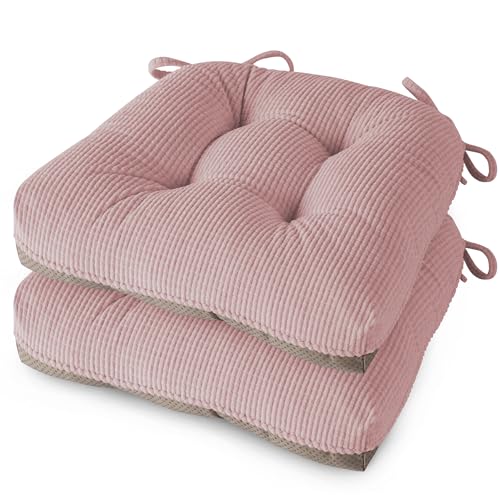MineCozy Indoor Kitchen Chair Cushions Set of 2 Dining Chair Cushions with Ties Tufted and Comfortable Kitchen Seat Pads with Non-Slip Bottom 46X42X8cm (18X16.5X3) Light Pink