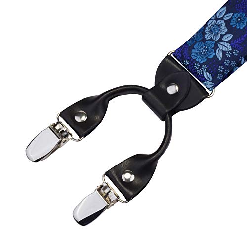 Image of GUSLESON Adjustable Plaid Floral 6 Clips Y Shape Suspenders Pre-tied Bow Tie and Pocket Square Set with Gift Box