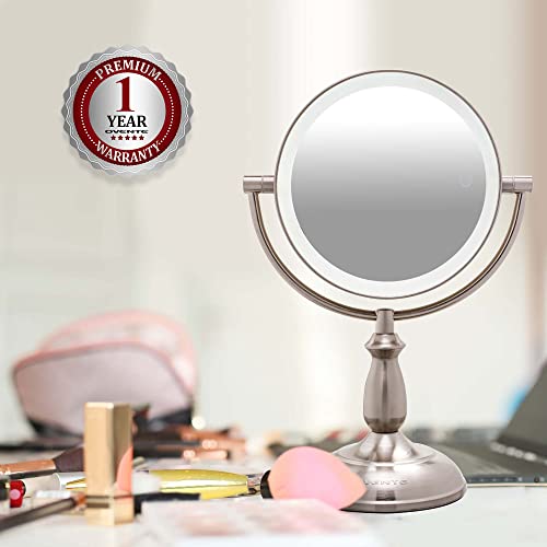 Image of OVENTE 8 inch Lighted Tabletop Makeup Mirror, Nickel Brushed MPT751BR1X10X | Double Sided Table Mount Vanity Mirror with 1X /10X Magnification, 360 Rotation, 3-Tone Smart Touch LED Lights, Auto Shutoff