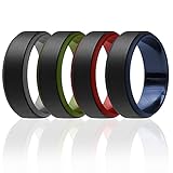 ROQ Anillo de boda de silicona para hombres – Duo Collection Step Style – Paquete de 4 alianzas de boda de goma de silicona – Diseño clásico – Gris, Verde Oliva – Colores Azul – Tamaño 10
