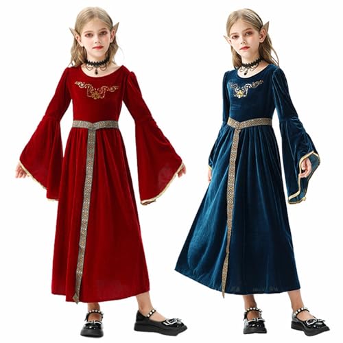 Bkazwe Robe Medievale Fille, Costume Renaissance pour Fille, Robe de Princesse Reine Victorienne en Velours Brodé avec Ceintur, Déguisement de Bal pour...