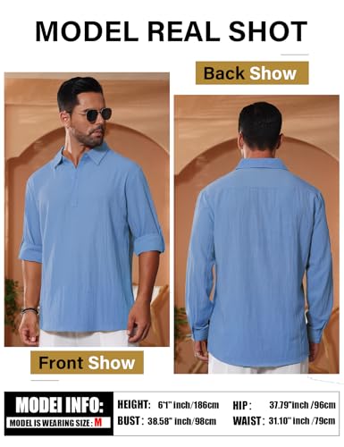 Mens Linen Polo Shirts Long Roll-Up Sleeve Casual Summer Beach Vacation Hippie T-Shirts3