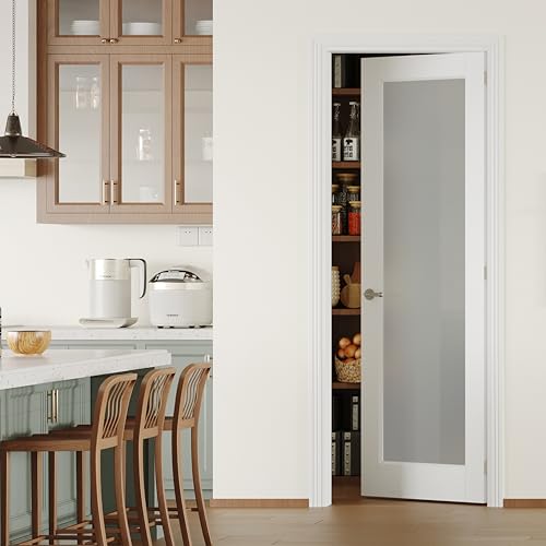 Image of Pantry Door with Prehung Door Jamb, 30 inch x 80 inch Right-Handed Interior Door, 1-Lite Frosted Glass, White MDF with Hardware Kit