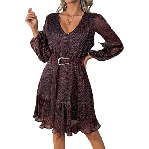 NERLEROLIAN Woman Shiny Threads Formal Dress Cocktail V Neck Mini Pleated Wedding Dress with Belt (hongse,m) Red Cover