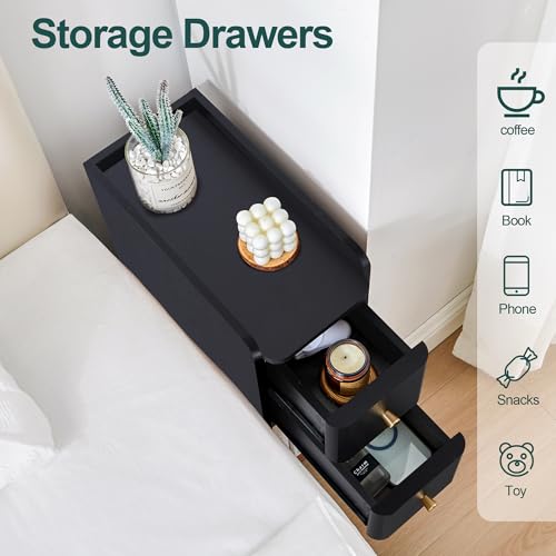Image of Narrow Nightstand Set of 2, Wooden Small 2 Drawer Nightstand, Slim Side End Table, Skinny Bedside Table, Mid Century Modern Night Stand with Drawers for Bedroom (Black-2 pcs)