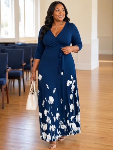 Image of SUZONANA Plus Size Dresses for Women Floral Print Maxi Dress Flowy 3 /4 Sleeve with Belt