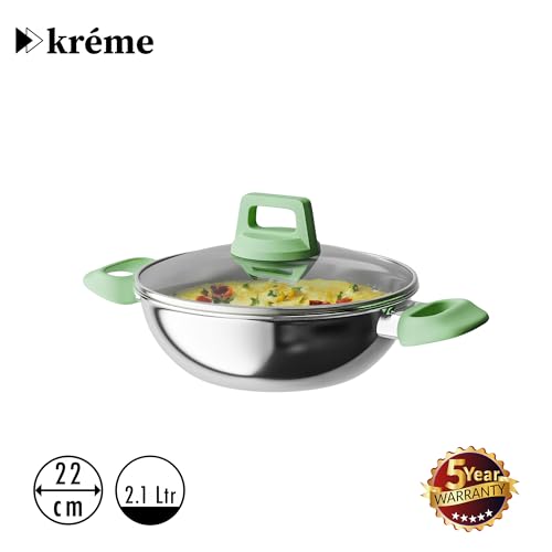 Image of Kreme Set of 2 Platina Triply Stainless Steel Kadhai with Lid (22 cms & 26 cms /Capacity 2.1 litres & 3.3 litres; Induction and Gas Compatible