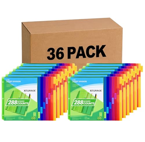8-Tab Binder Dividers - Index Pockets Divider for 3 Ring Binders, 3-Hole Plastics Sheets Protectors for US Letter Size in 0.5'', 1'', 2'', 3 inch Binders, 8 Colors (XY004) (36 Packs)
