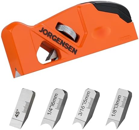 JORGENSEN Kantenhobel Holz mit 4 Schneidköpfen (45°, 3 mm, 5 mm, 6 mm) | Fasenhobel Eckhobel für Holzbearbeitung, einfache Wechsel und Aufbewahrung Handhobel für Tischler, Schreine