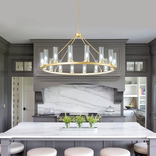 Image of 16 Light Large Wagon Wheel Chandelier with Clear Glass Shade Gold Round Pendant Light Farmhouse Industrial Chandeliers Dining Room Light Fixture for Stair Living Room Foyer Kitchen