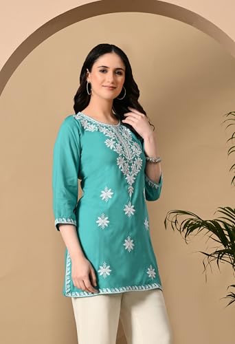 Image of LIBOZA Women's Chikankari Embroidered Short Kurti, Rayon Fabric, Three-Quarter Sleeves, Available in Pink, Black, Mustard Yellow, White, Pista and Green