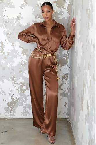 Image of Ekouaer Womens Satin Silky Pajama Set 2 Piece Print PJs Soft Loungewear Button Down Sleepwear with Elastic Waist Long Pants