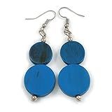 Double Bead Blue Wooden Drop Earrings - 60mm Long