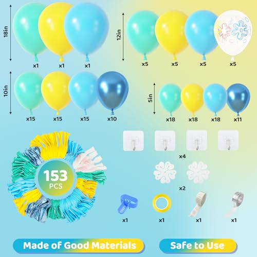 Image of Amandir 153pcs Blue and Yellow Balloons Arch Garland Kit Different Sizes | 18 12 10 5inch Teal Metallic Blue Yellow Flower Printed Clear Balloons for Cartoon Birthday Sea Theme Party Decorations