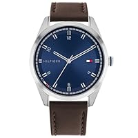 Tommy Hilfiger Men's 1710458 Brown Leather Quartz Basic Watch, Navy, 43MM