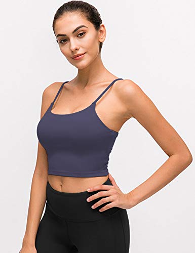 Longline Sports Bra Workout Crop Tank Tops for Women Strappy Padded Yoga Camisole High Impact Navy Blue - Thumbnail 2