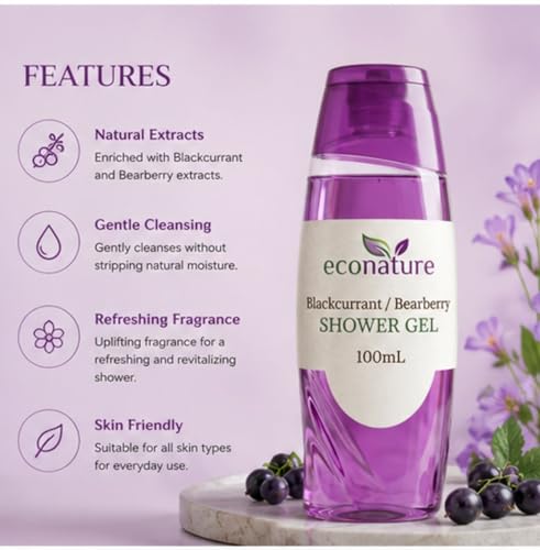 Image of Econature Shower Gel & Body Wash for Men & Women | Peach & Avocado, Mimosa & Neroli Blossom, Blackcurrant & Bearberry Variants | Refreshing & Moisturizing Bath Gel | All Skin Types (Blackcurrent & Bearberry Shower Gel)