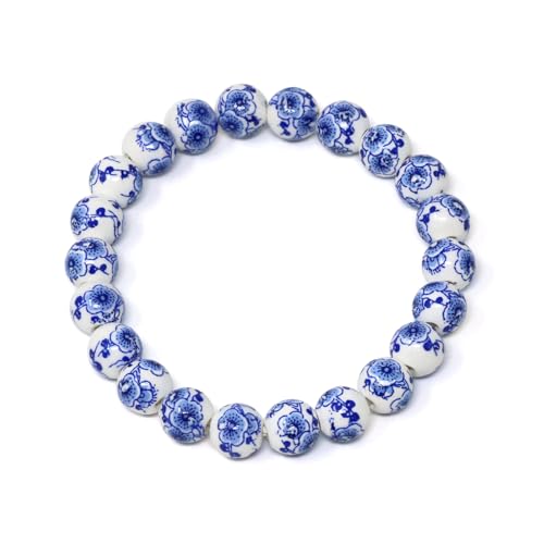 yueton 1 Pack Chinese Style Celadon Bracelet Vintage Blue and